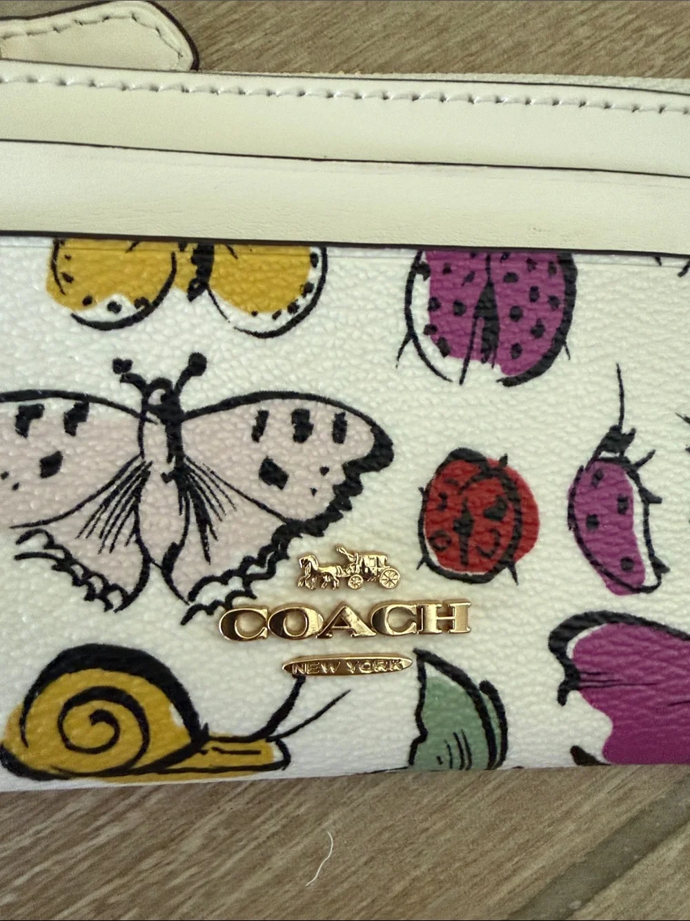 Coach White Leather Butterfly & Bug Print Card Case Keyring CR927